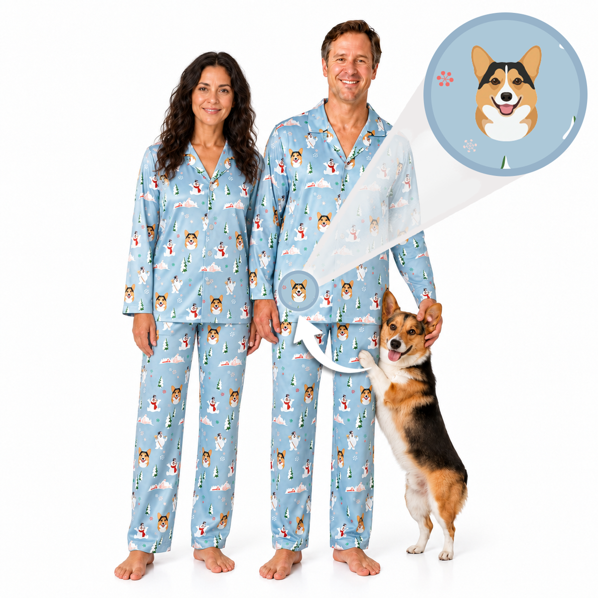 A man and a woman wearing matching light blue pajamas with a dog print, standing barefoot on a white background next to a corgi dog. A circular inset shows a corgi face, with arrows indicating the pajamas feature a dog-print design.