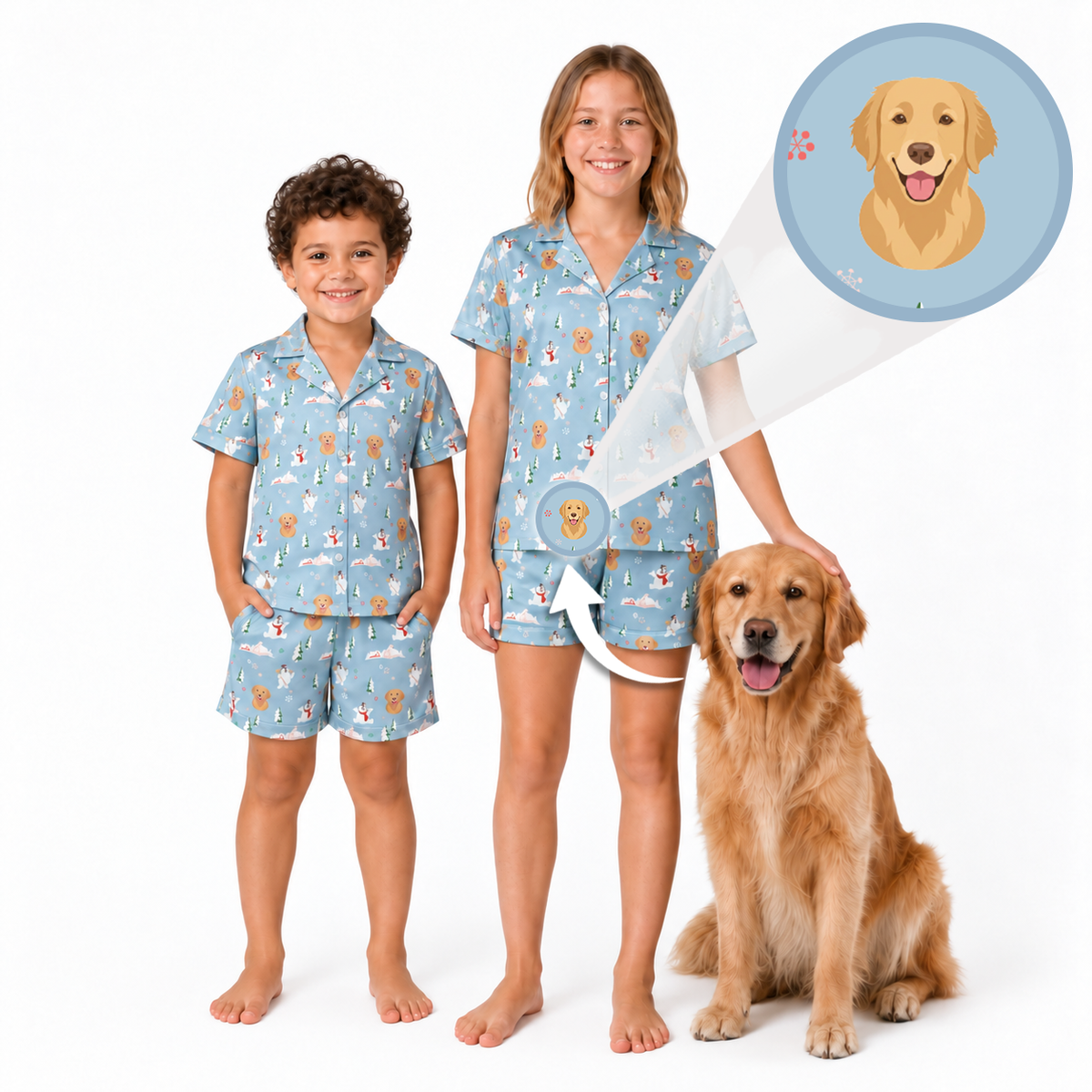 A boy and a girl wearing matching light blue pajama sets with a dog print, standing next to a golden retriever dog on a white background. A circular graphic at the top right shows a dog face inside a blue circle, with arrows pointing to the pajamas and the dog.