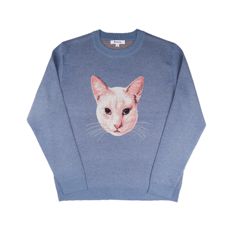 Blue knit sweater with a cat