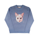 Blue knit sweater with a cat