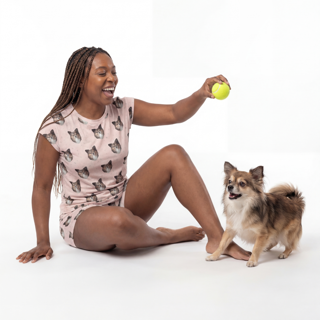 Woman wearing fitted pajama set sitting on the floor with a small dog, holding a yellow ball