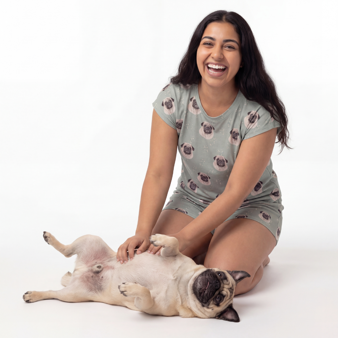Woman wearing fitted pajama set with   a pug-patterned outfit sitting with a pug on a white background