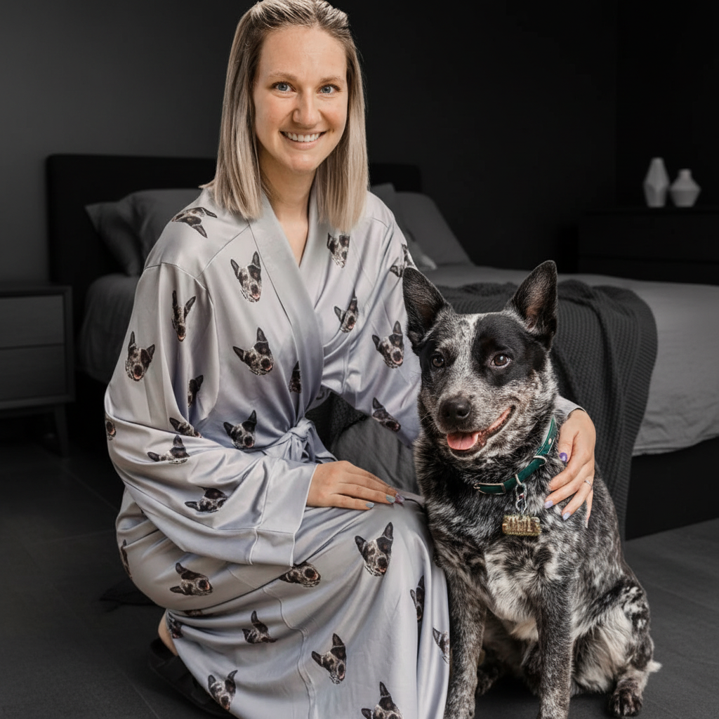 Woman in a robe with a dog sitting on a bed in a bedroom setting