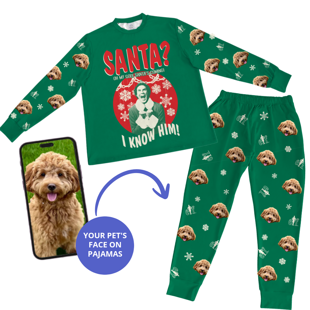 Green pajama set with a Christmas-themed design and a phone showing a dog's face, on a white background.
