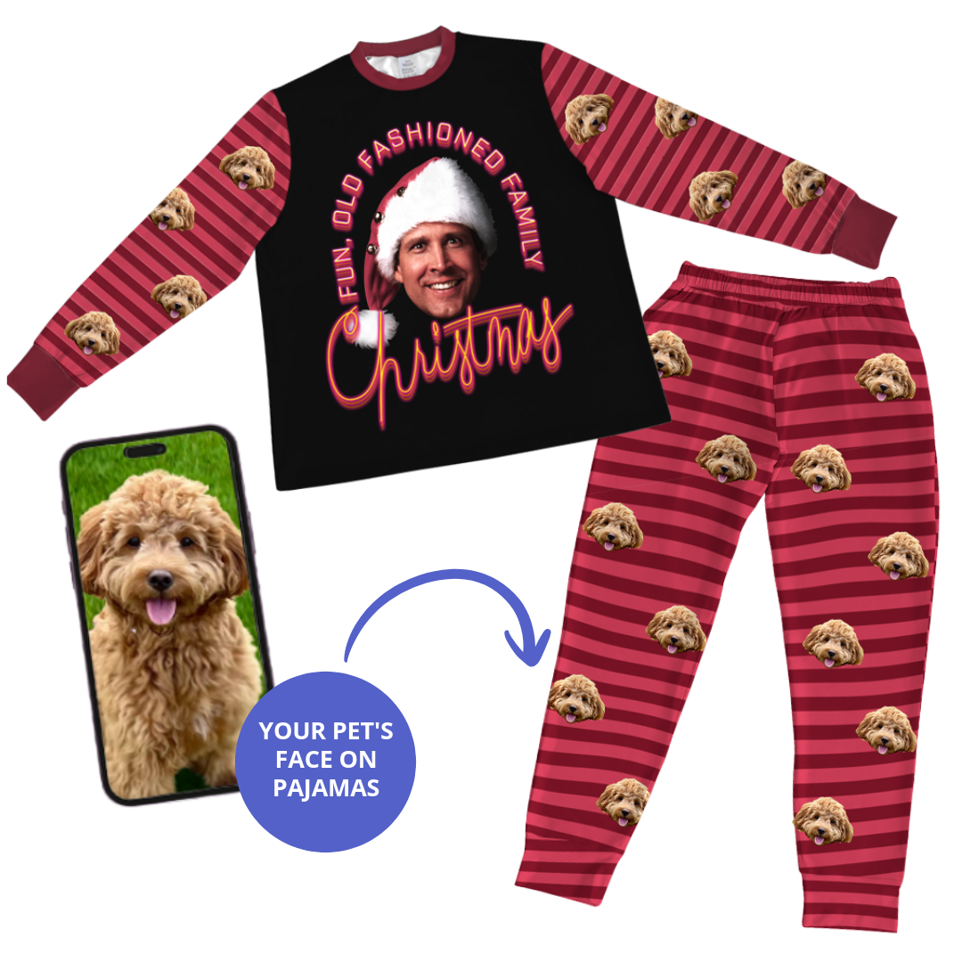 Red and black pajama set with your pet's face printed on the shirt, featuring a phone with a dog's face and text 'Your Pet's Face on Pajamas'.