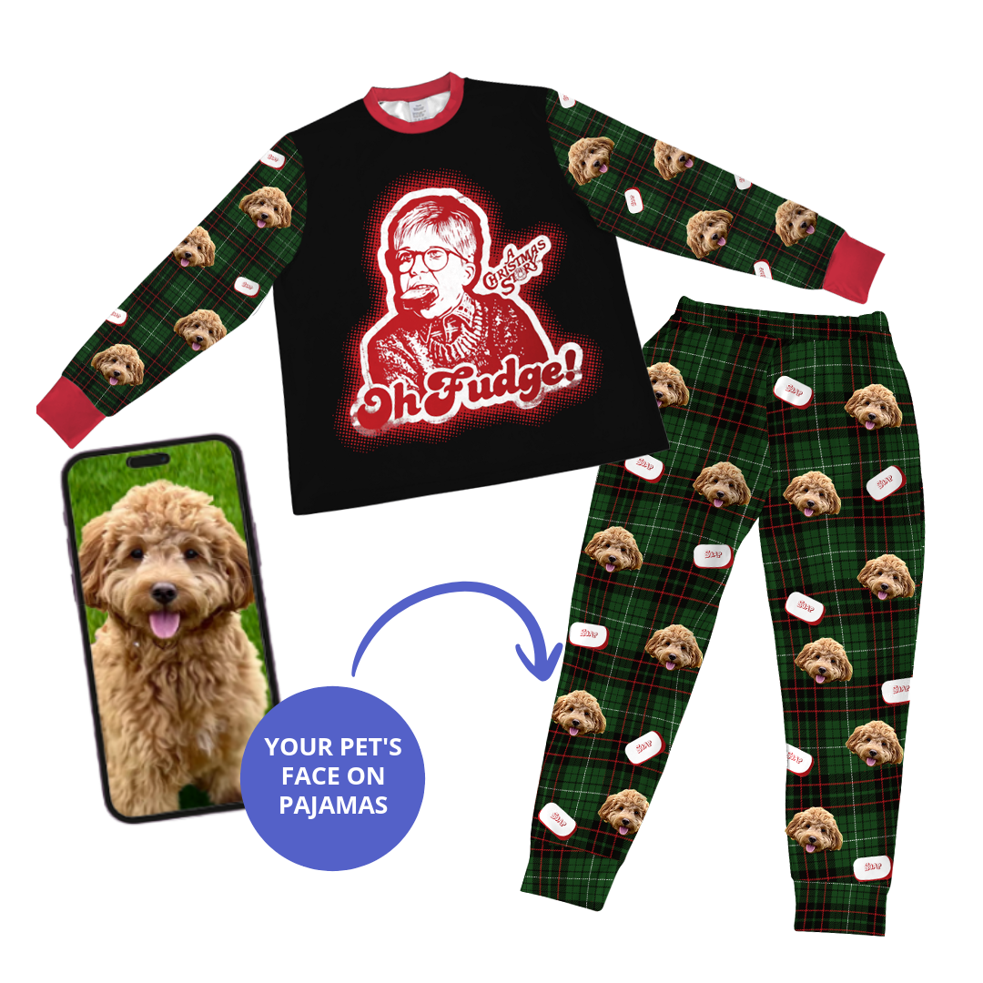 Pajama set with a graphic design and plaid pattern, featuring a phone with a pet's face and text 'Your Pet's Face on Pajamas'.