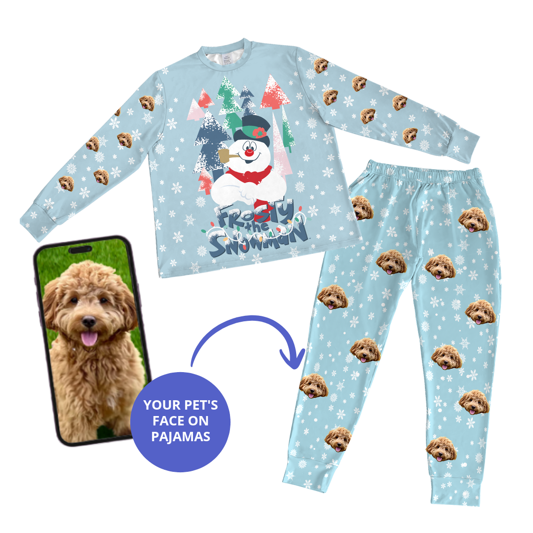 Children's pajama set with snowman design and dog faces, featuring a phone with a dog photo.