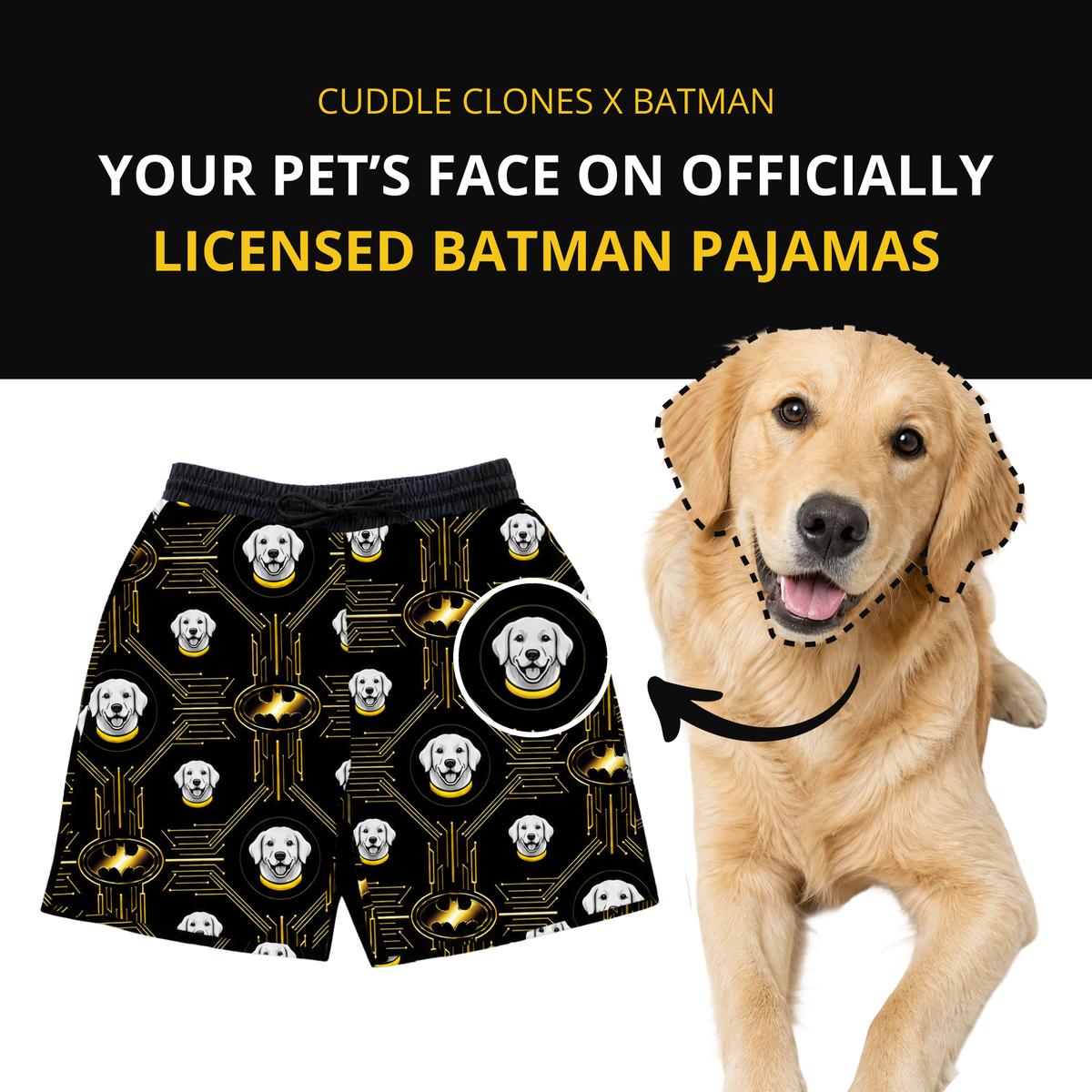 Batman-themed pajamas with a dog's face on a black background