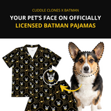 Batman-themed pajama set with a dog's face superimposed on it, featuring text about customizable pet products.