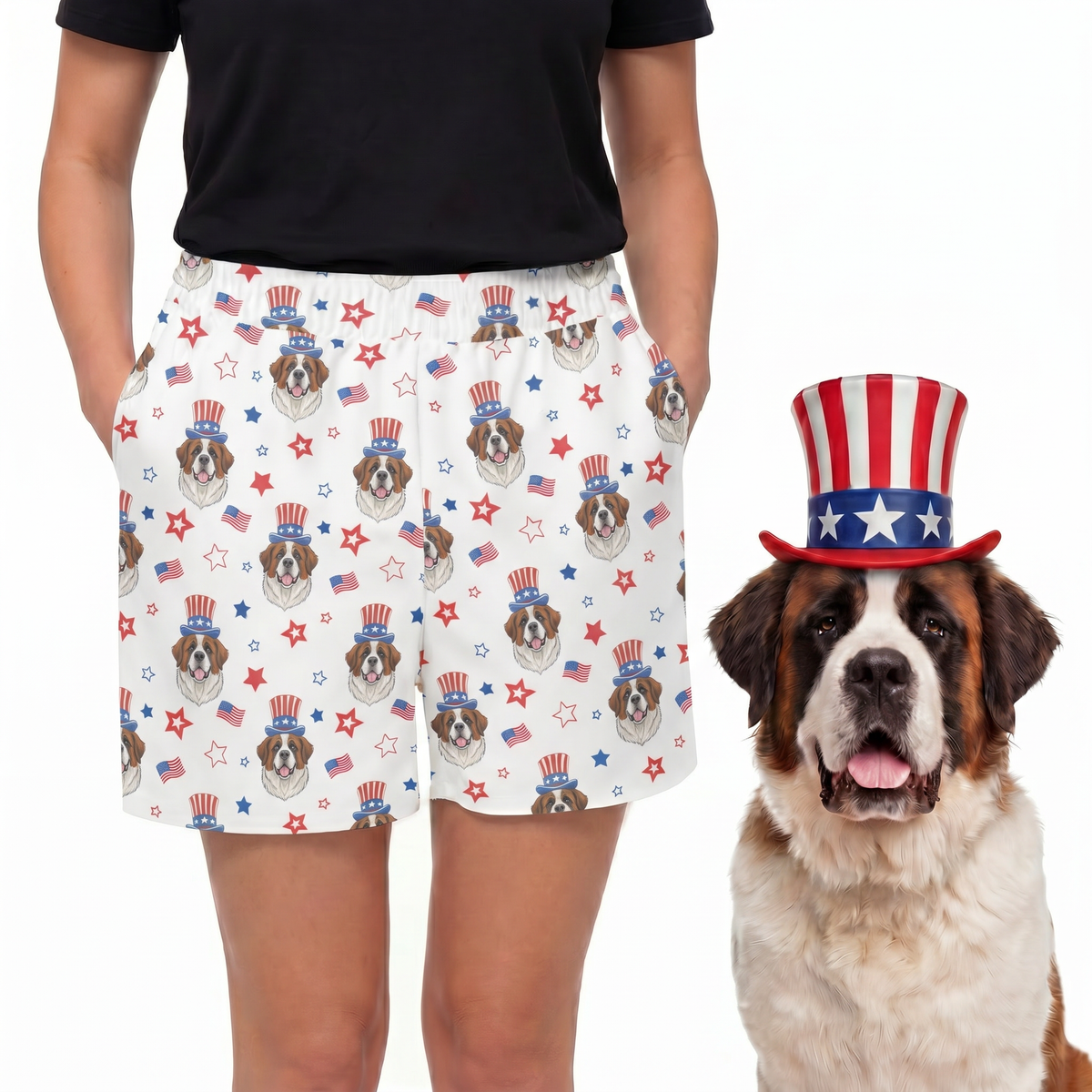 Person wearing a shorts with a dog pattern and a dog wearing an American flag hat on a white background[UncleSam]