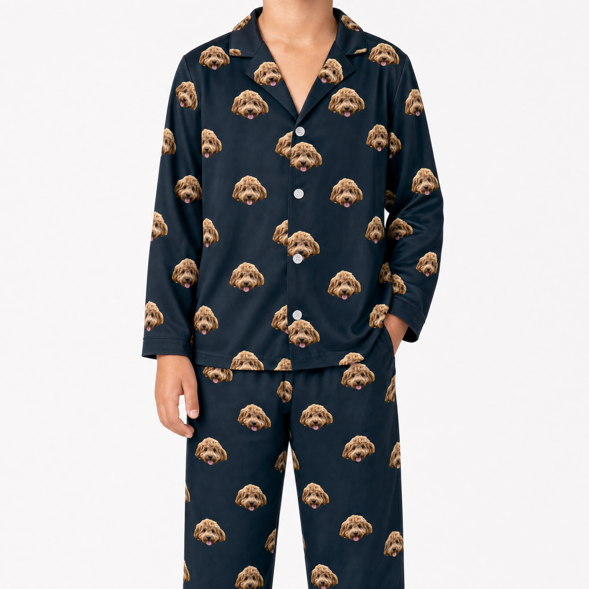 Black pajama set with dog pattern on a white background