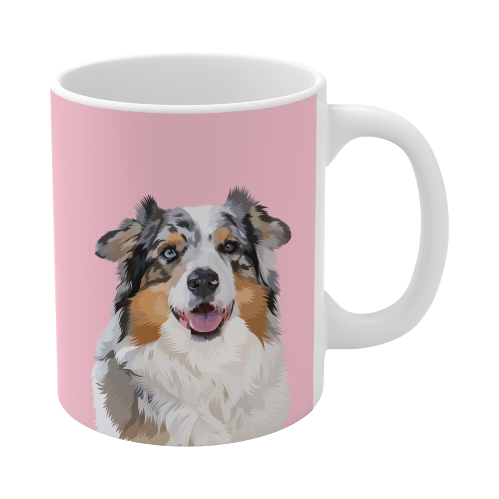 Pink ceramic mug featuring a smiling, multicolored Australian Shepherd