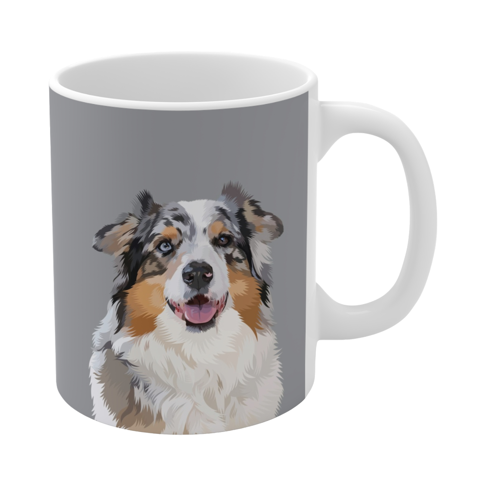 Gray ceramic mug featuring a smiling, multicolored Australian Shepherd