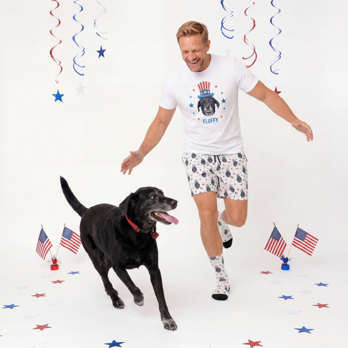 Man and dog running together with decorative elements on a white background