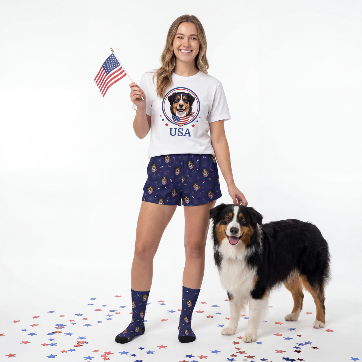 Woman wearing a white t-shirt with a dog graphic and 'USA' text, holding an American flag, standing next to a dog on a white background with star confetti.