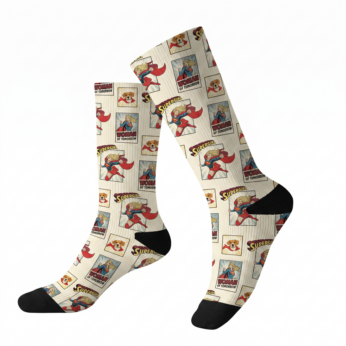 Superman-themed socks with comic book illustrations on a white background[SupergirlComicBook]