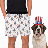 Person wearing shorts with a dog pattern, standing next to a dog wearing an American flag hat[UncleSam]