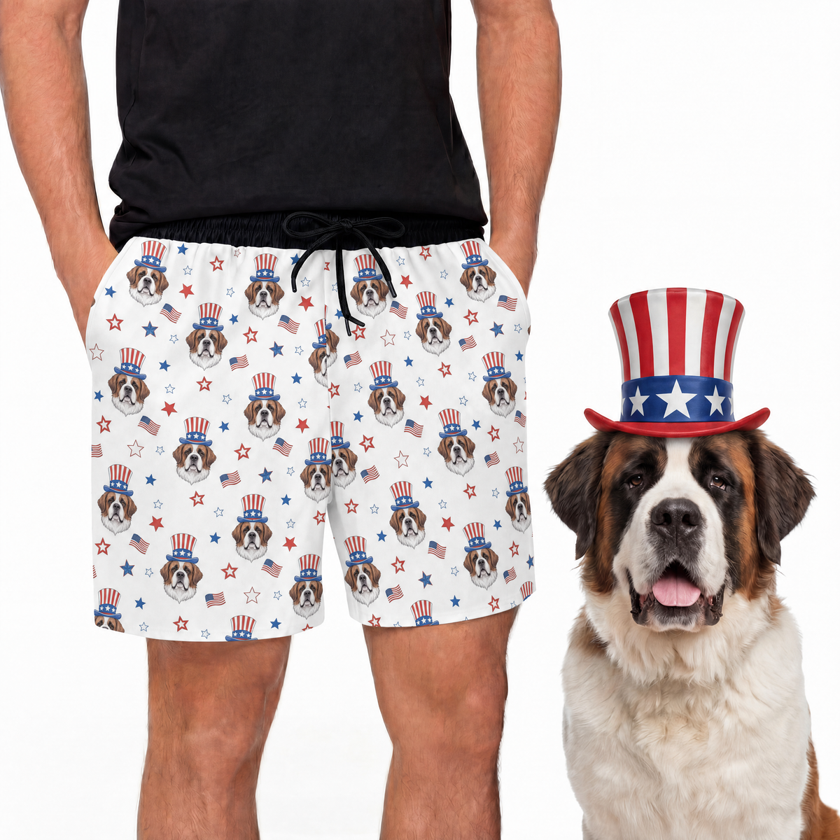 Person wearing shorts with a dog pattern, standing next to a dog wearing an American flag hat[UncleSam]