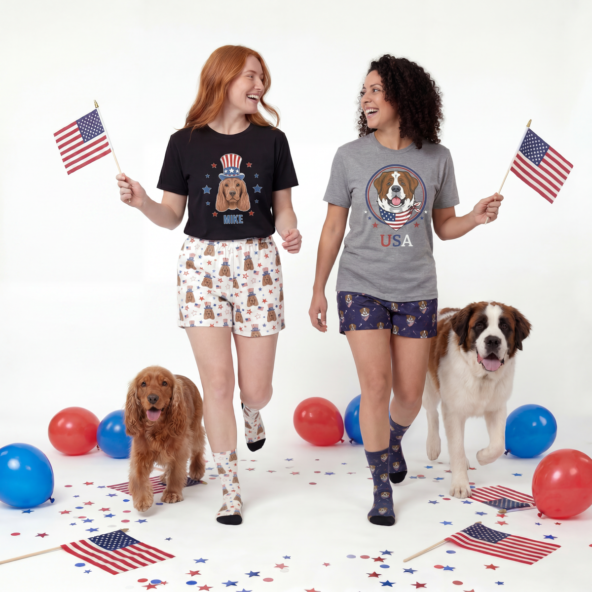 Two women with dogs wearing pajamas and holding American flags, surrounded by balloons and confetti on a white background.