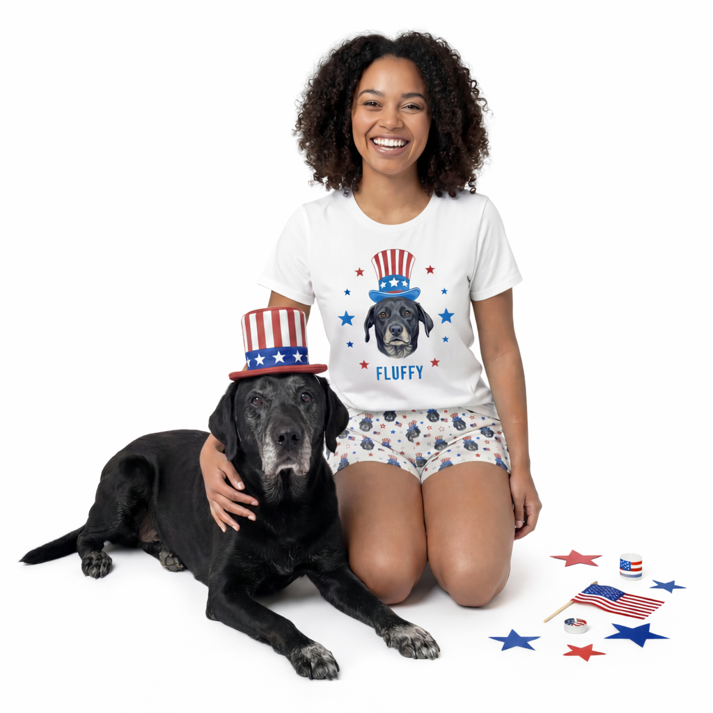 Woman wearing a t-shirt with a dog graphic and 'Fluffy' text, sitting next to a black dog on a white background.