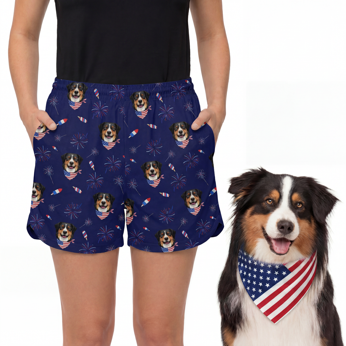 Person wearing navy shorts with dog pattern, next to a dog wearing an American flag bandana[Fireworks]