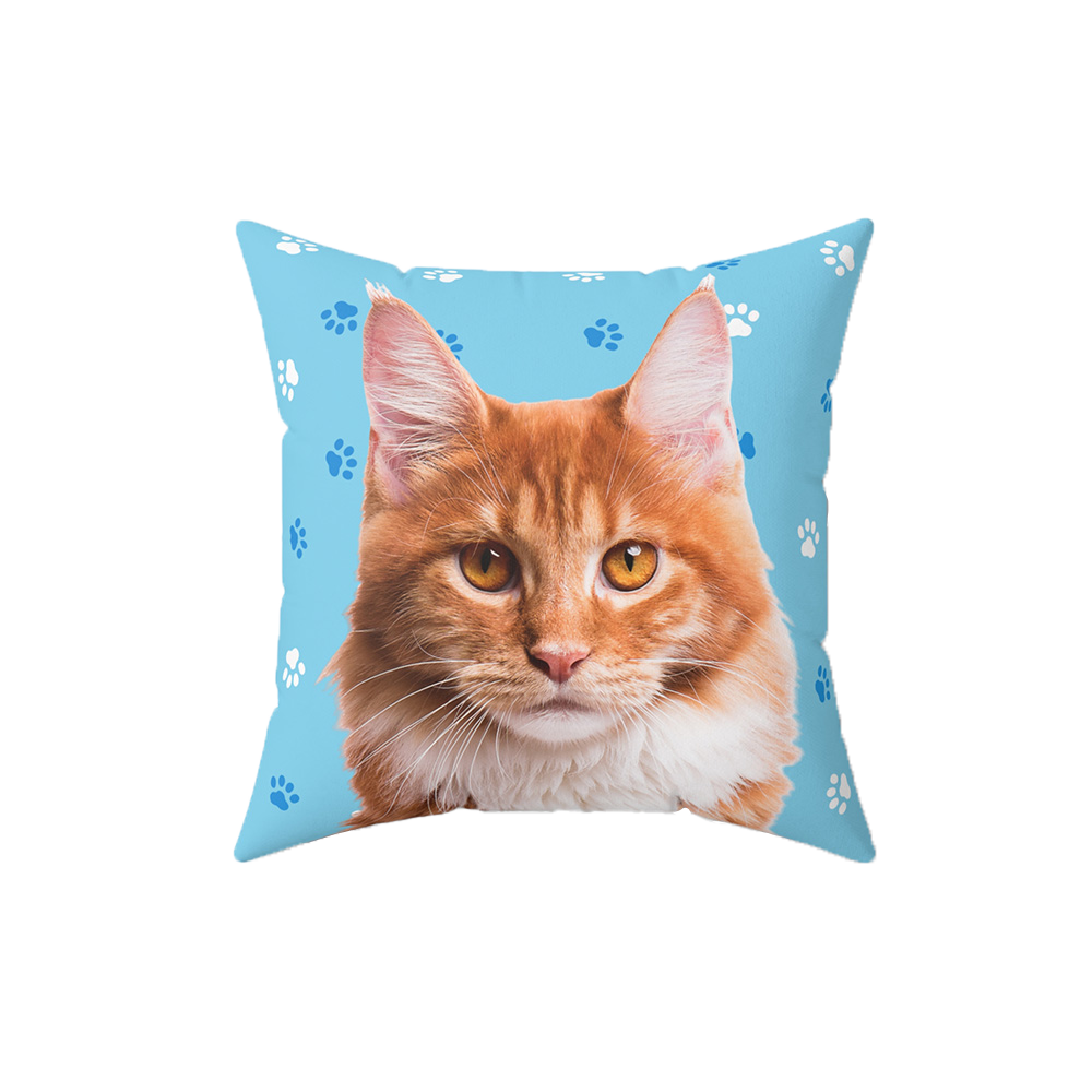 Blue pillow with paws, it features a portrait of a cat. 