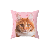 Pink pillow with paws, it features a portrait of a cat. 