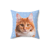 Pillow with a cat design on a blue background with snowflakes