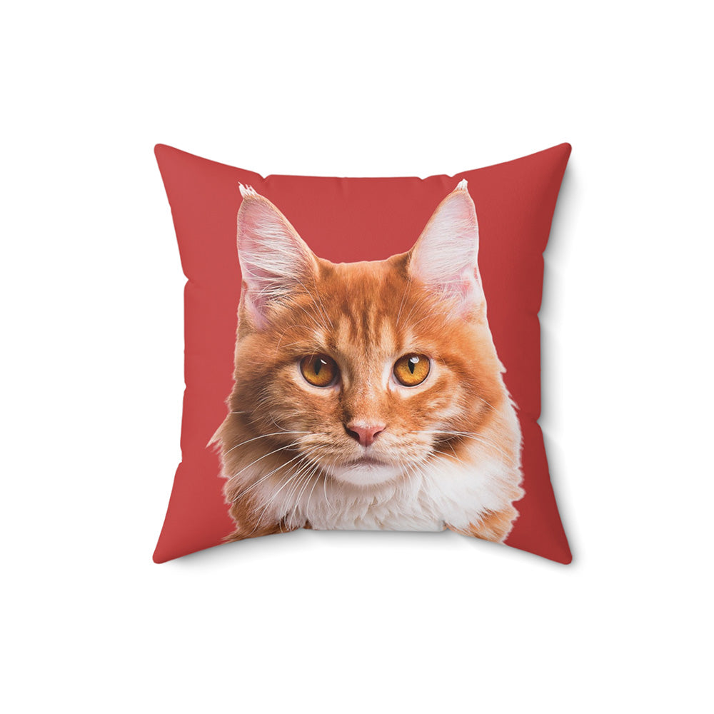 Red pillow with a cat's face printed on it against a white background