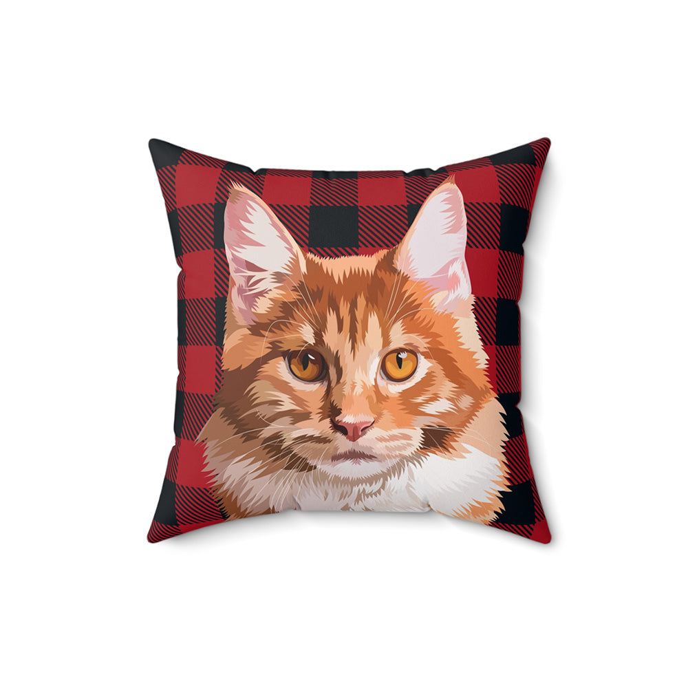 Pillow with a cat illustration on a red and black checkered background