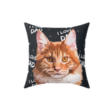 Black pillow with paws and the phrase "I love dad", it features an illustration of a cat. 