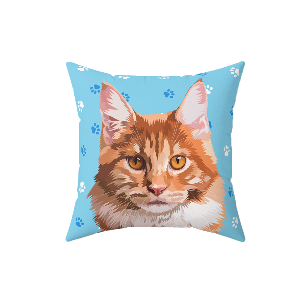Blue pillow with paws, it features an illustration of a cat. 