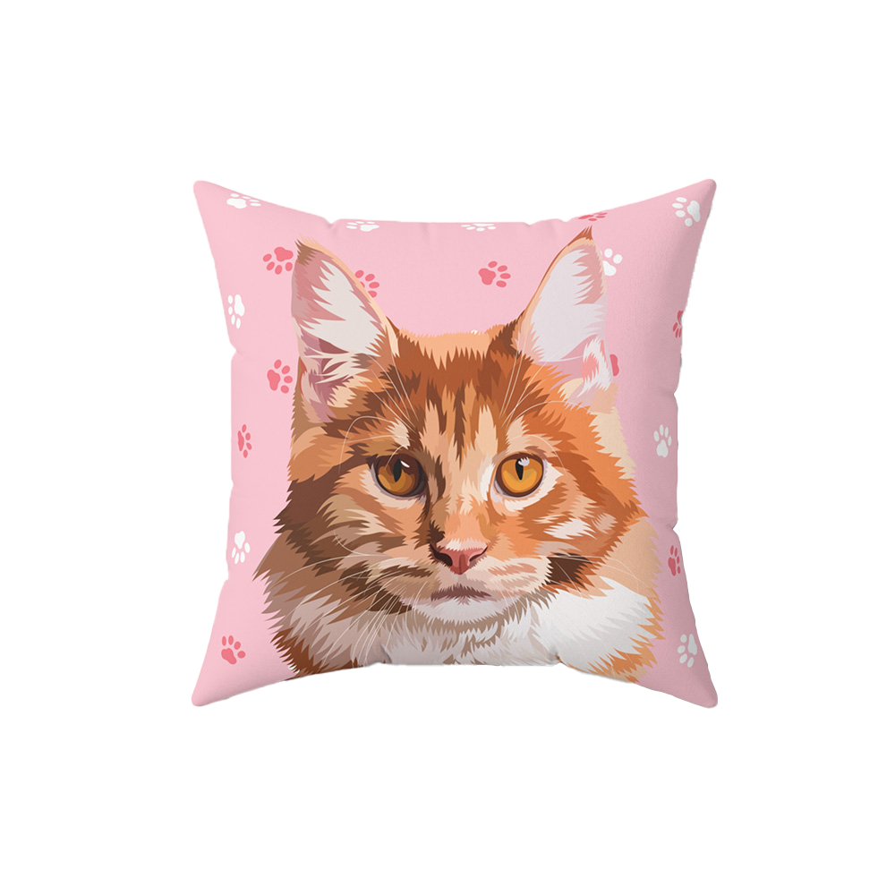 Pink pillow with paws, it features an illustration of a cat. 