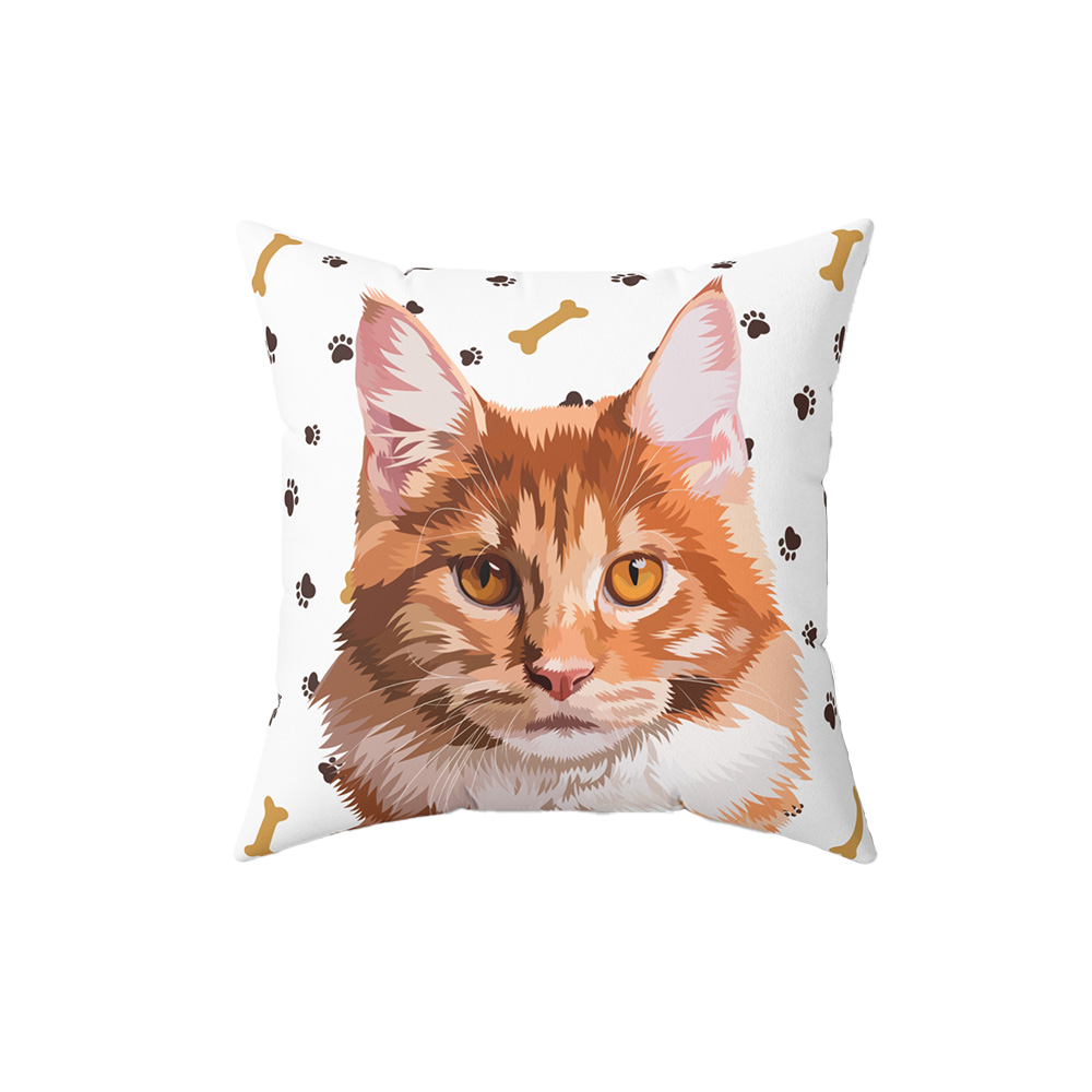 White pillow with paws and bones, it features an illustration of a cat.