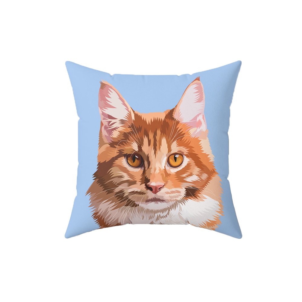 Sky blue pillow, it features an illustration of a cat.