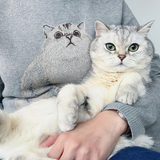 Close up of a cat next to a woman with a knit sweater of itself