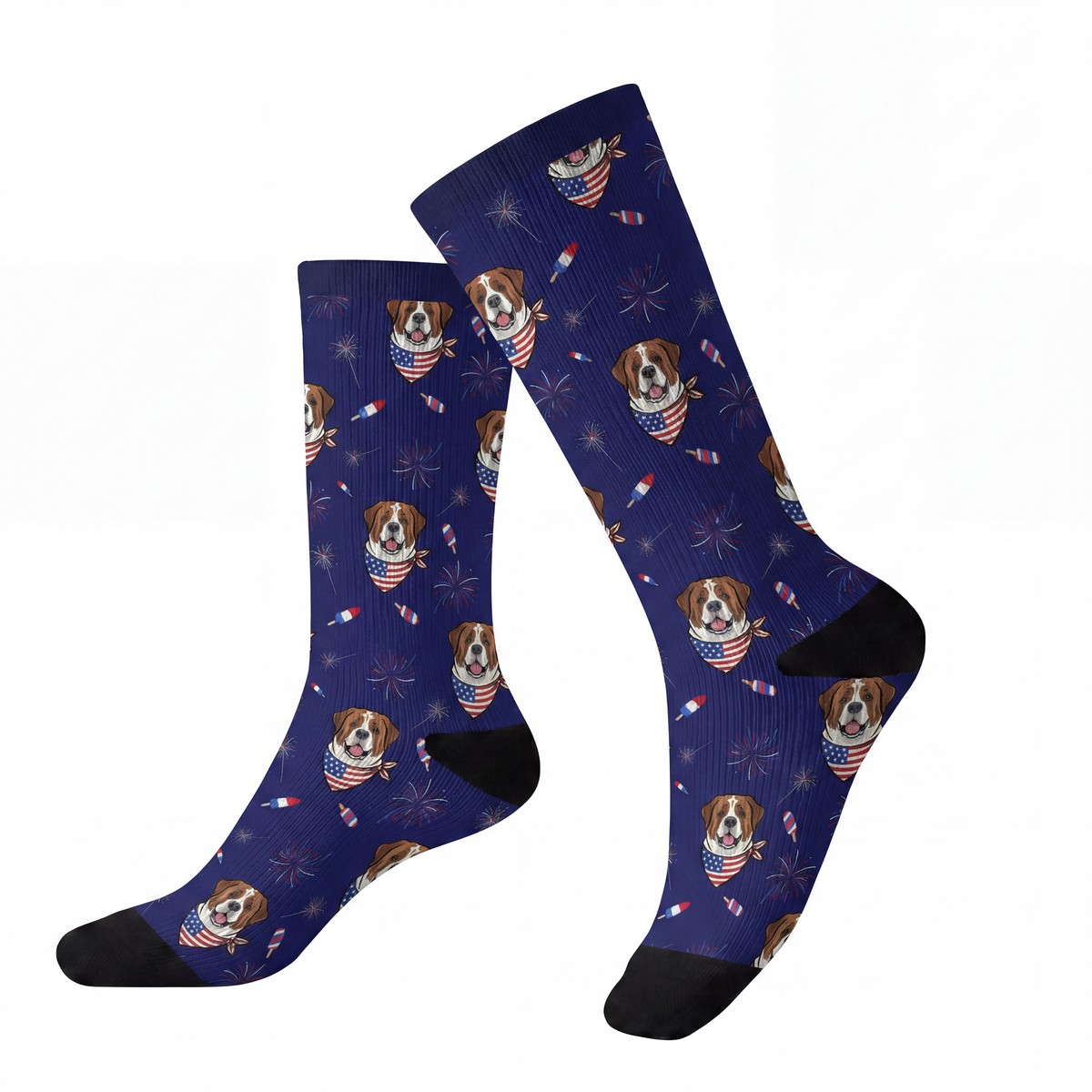 Pair of blue socks with dog pattern on a white background[Fireworks]