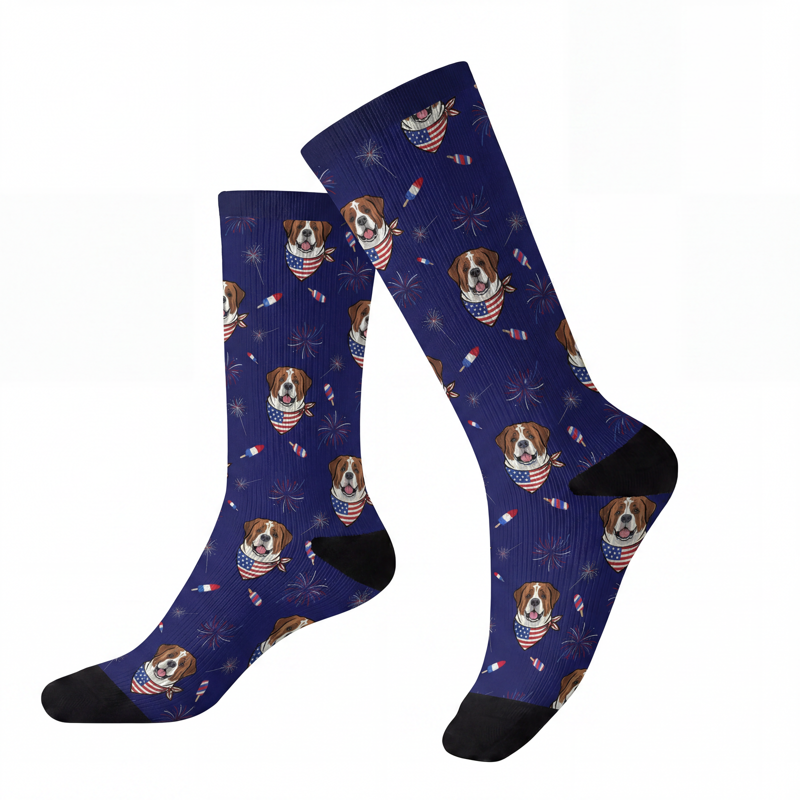 Pair of blue socks with dog pattern on a white background[Fireworks]