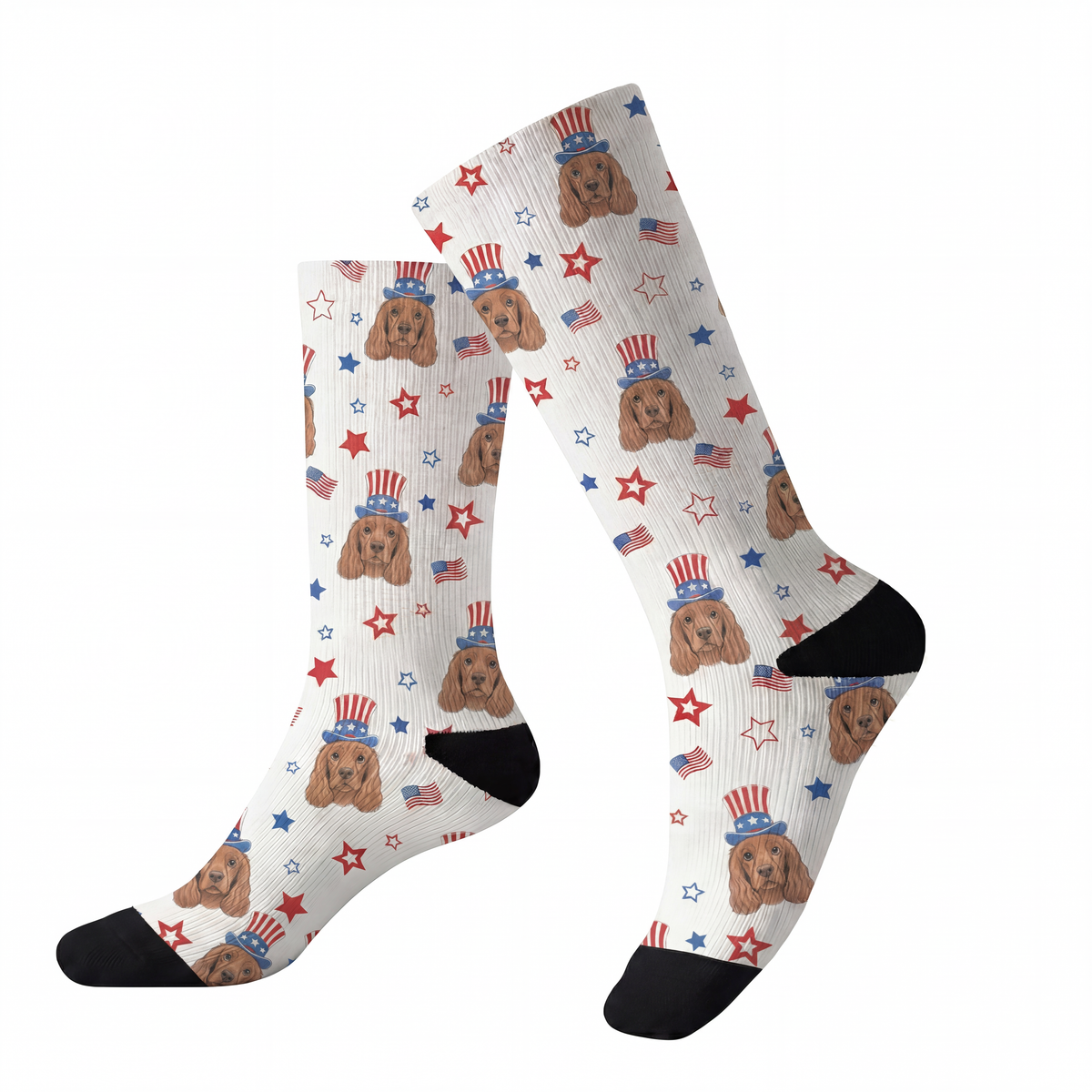 Pair of socks with dog pattern and American flag design on a white background[UncleSam]