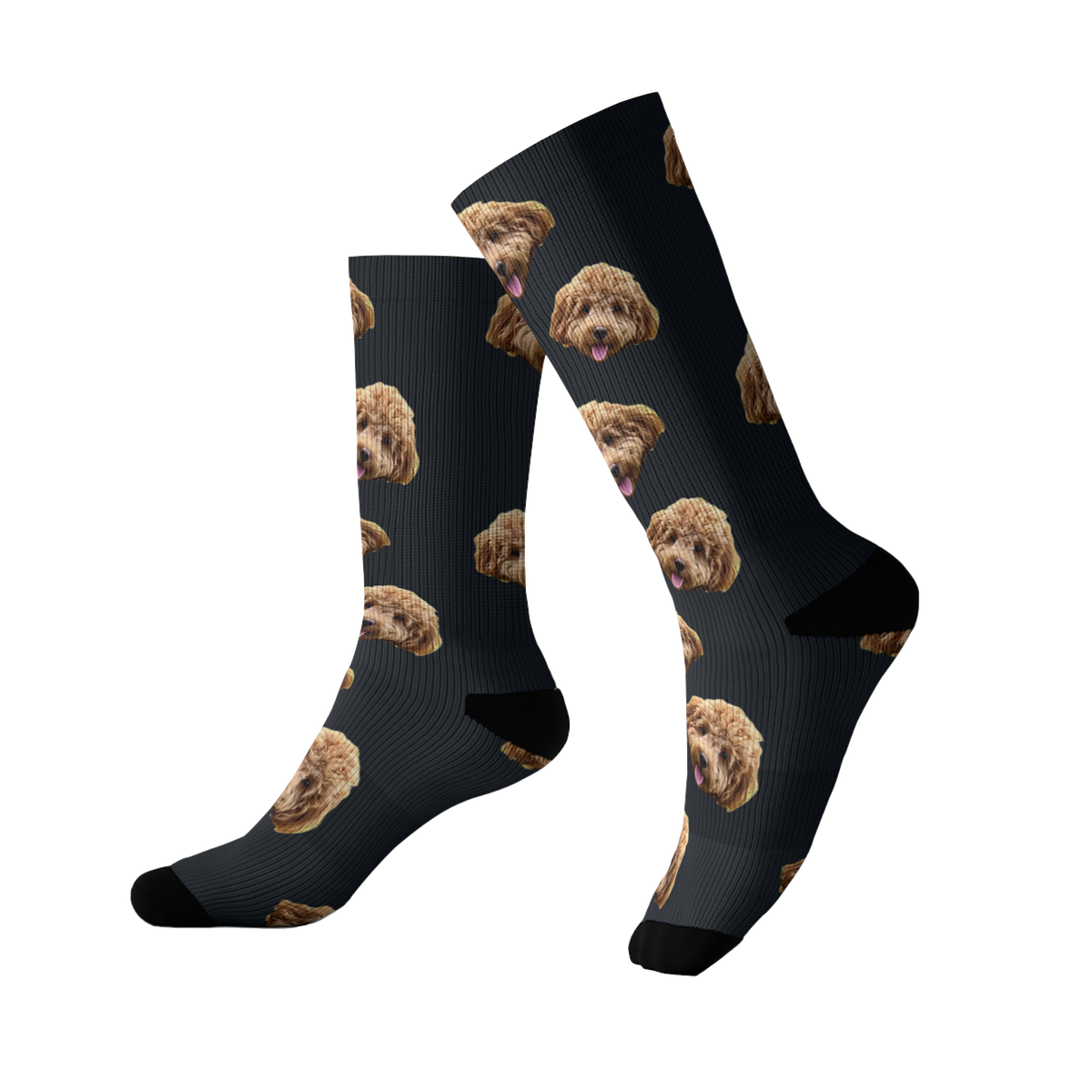 Black socks featuring a repeating pattern of a fluffy brown dog’s face. The socks have black toes and heels.