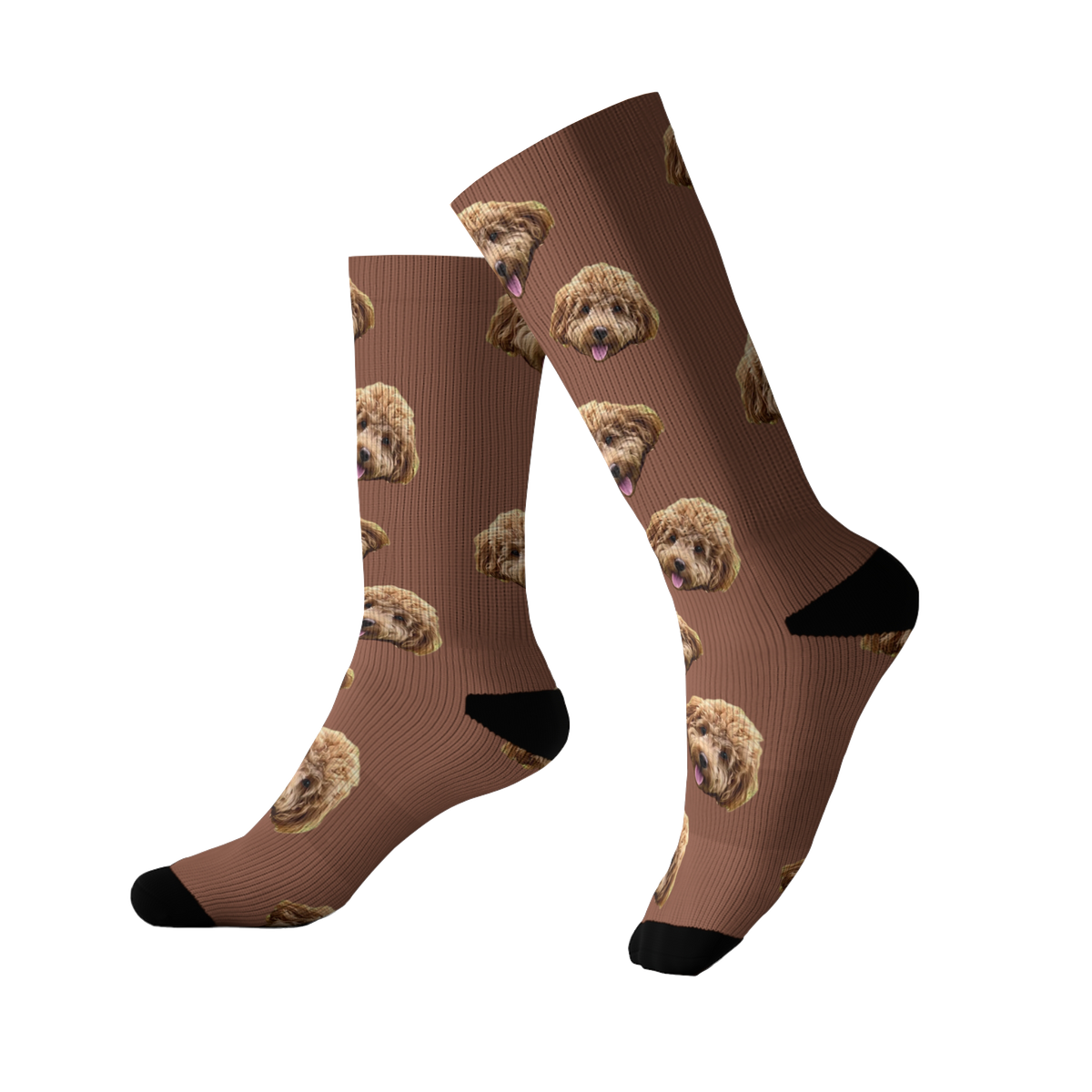 Brown socks featuring a repeating pattern of a fluffy brown dog’s face. The socks have black toes and heels.