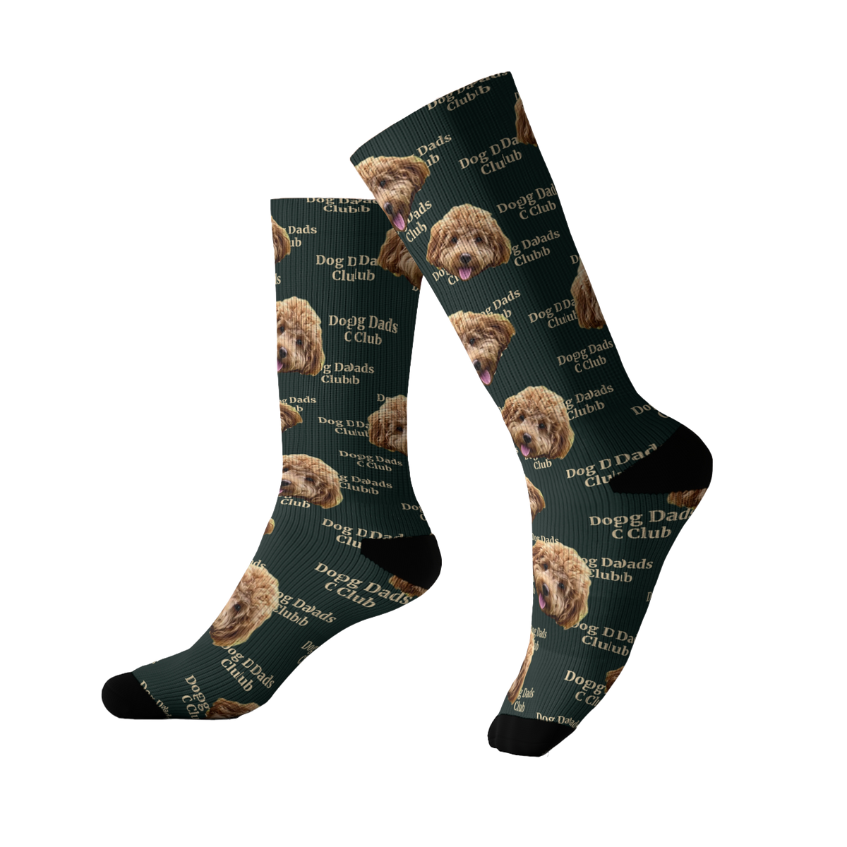 Pair of socks with dog pattern and 'Dog Dad's Club' text on a white background