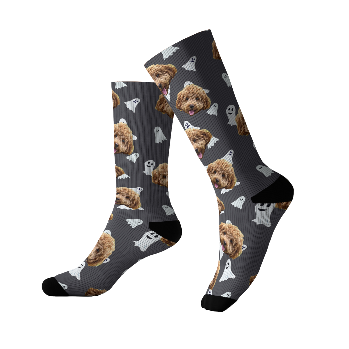 Pair of socks with dog and ghost pattern on a white background