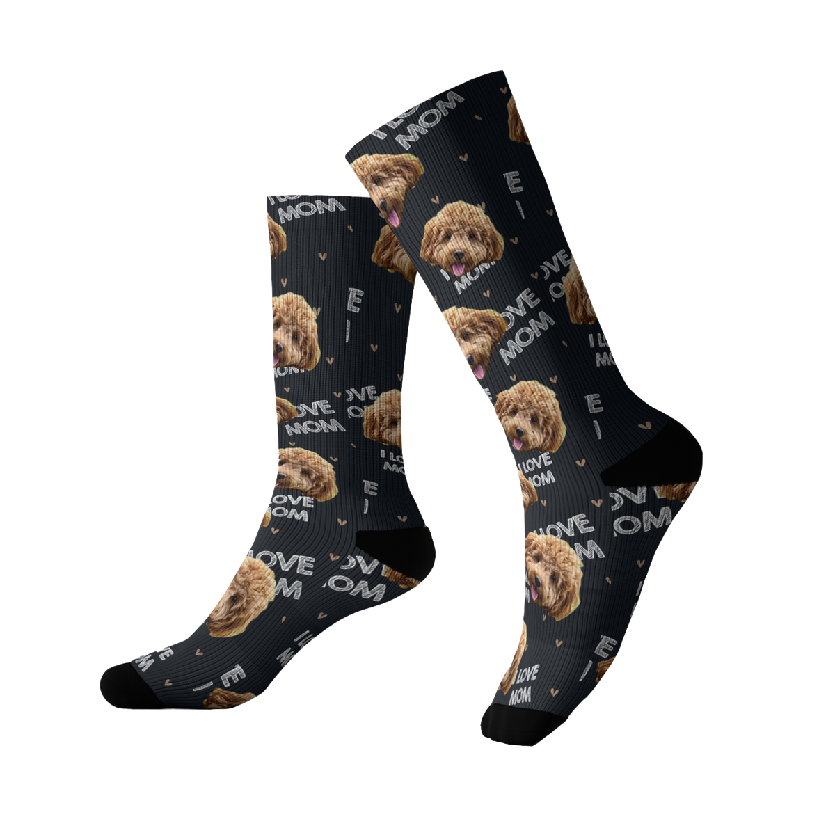 Knee-high socks with dog pattern and 'I Love Mom' text on a black background