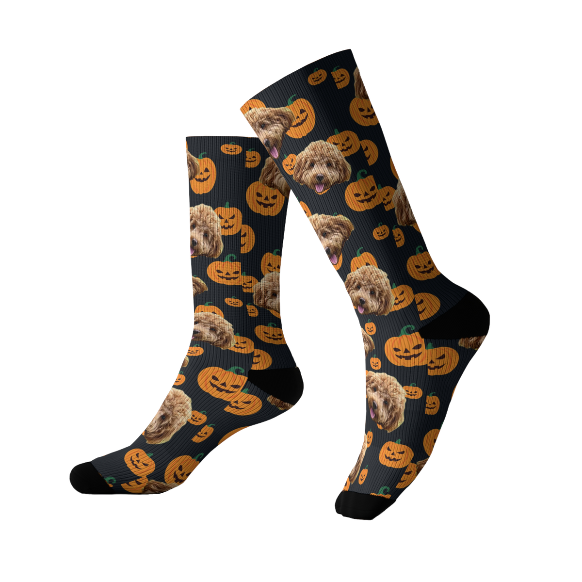 Knee-high socks with dog and pumpkin pattern on a white background