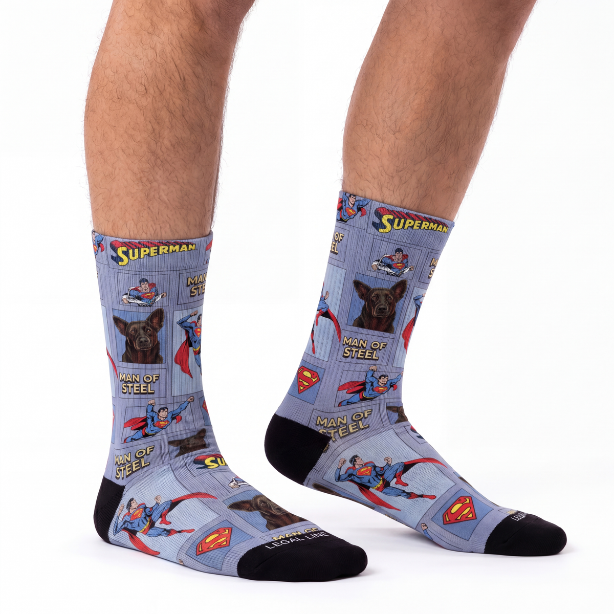 Superman-themed socks with character illustrations on a white background