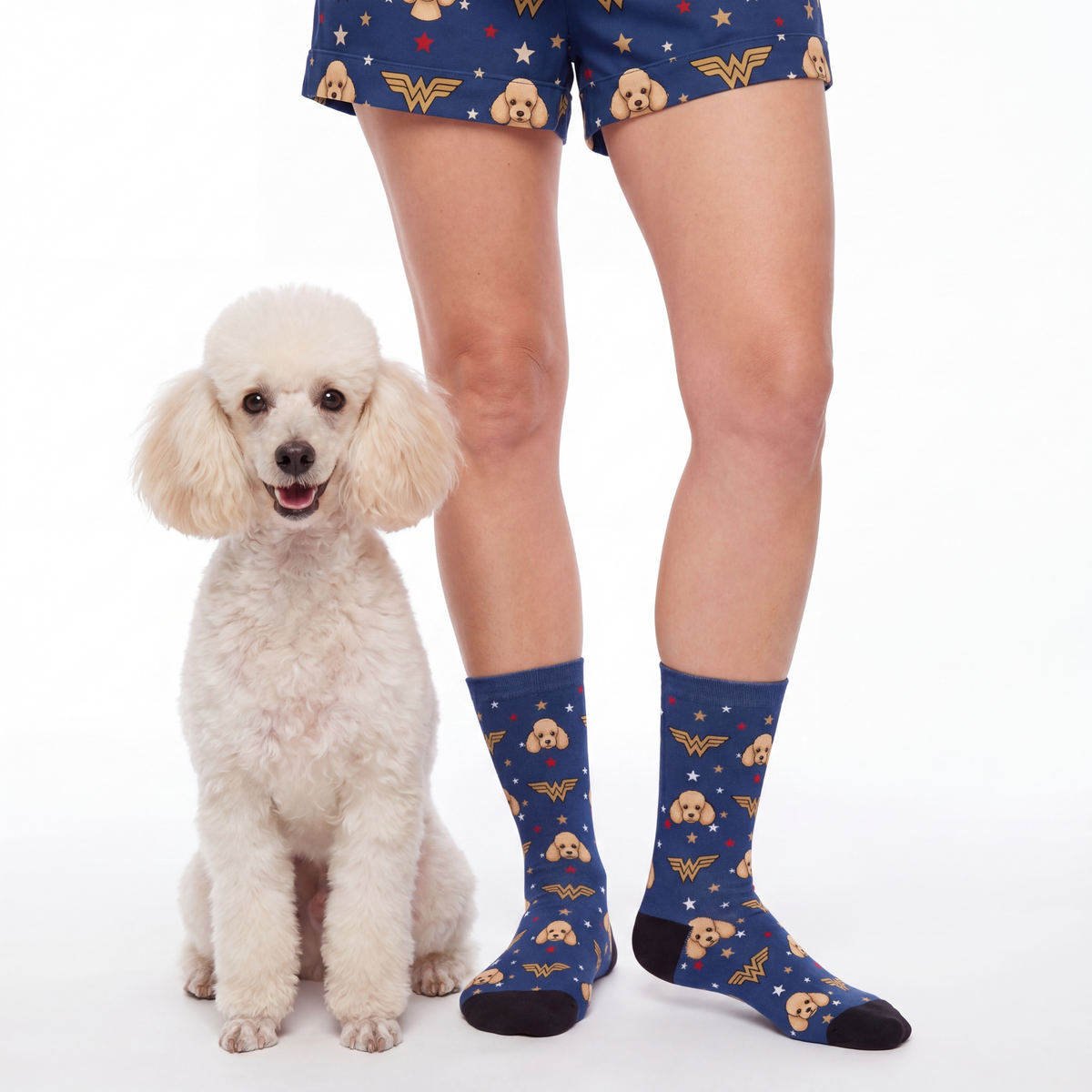 Person wearing blue socks with wonder woman, standing next to a white poodle on a white background