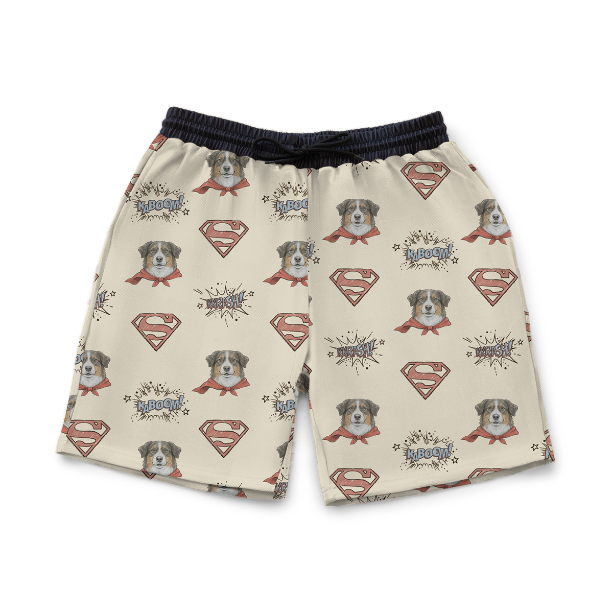 Beige shorts with Superman logo and dog illustrations on a white background[Sweatshorts]