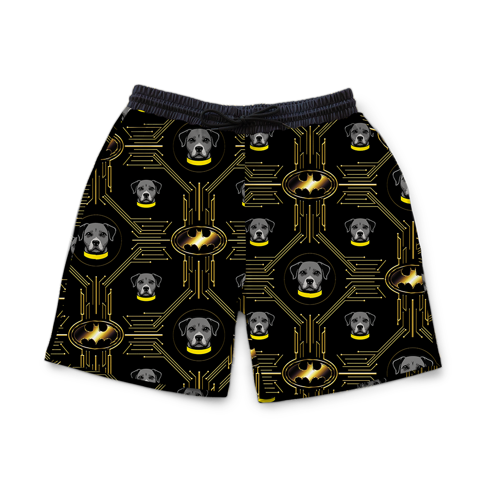 Black shorts with Batman logo and dog pattern on a white background[Sweatshorts]