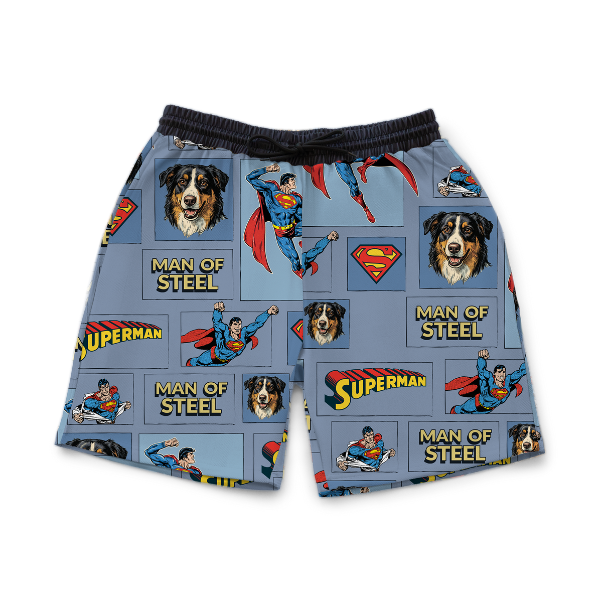 Superman-themed shorts with a dog's face printed on a blue background[Sweatshorts]